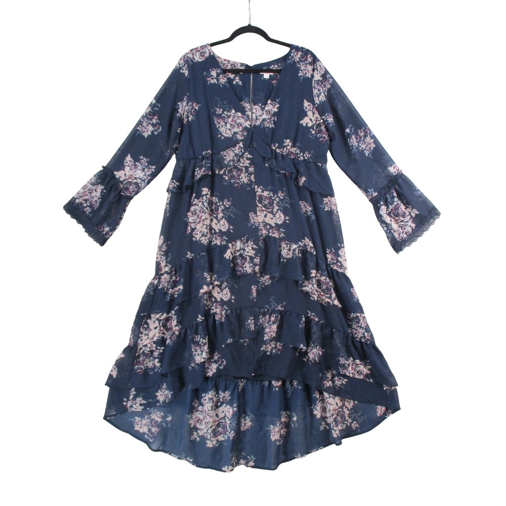 Xhilaration Womens Floral Tiered High Low Dress Navy Blue Long Bell Sleeve L